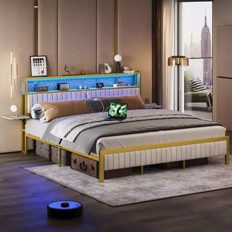 Base de cama Bestier tamaño matrimonial/king/queen, cabecero tapizado, cama de plataforma LED con estantes triples plegables y estación de carga en el cabecero de almacenamiento