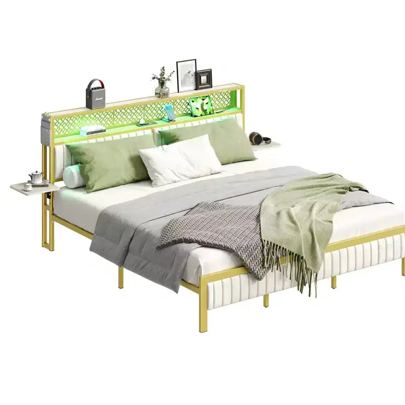 Base de cama Bestier tamaño matrimonial/king/queen, cabecero tapizado, cama de plataforma LED con estantes triples plegables y estación de carga en el cabecero de almacenamiento