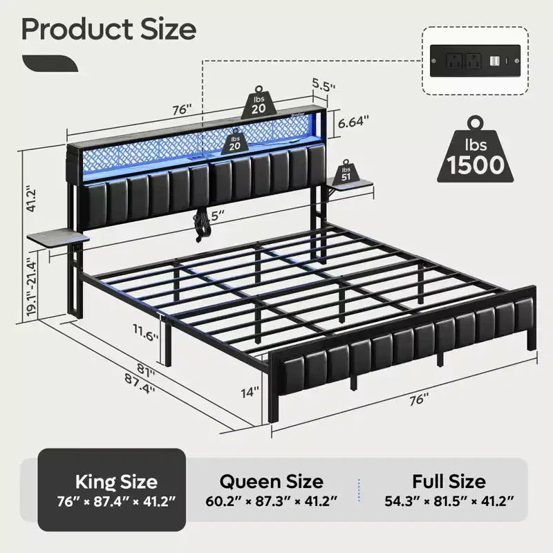 Base de cama Bestier tamaño matrimonial/king/queen, cabecero tapizado, cama de plataforma LED con estantes triples plegables y estación de carga en el cabecero de almacenamiento