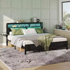Base de cama Bestier tamaño matrimonial/king/queen, cabecero tapizado, cama de plataforma LED con estantes triples plegables y estación de carga en el cabecero de almacenamiento