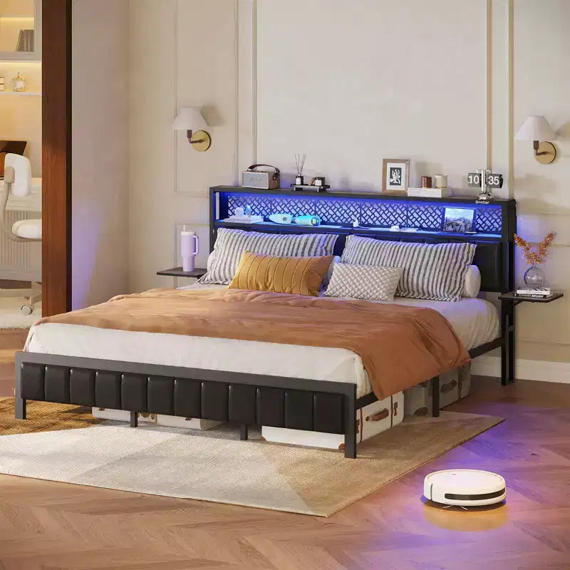 Base de cama Bestier tamaño matrimonial/king/queen, cabecero tapizado, cama de plataforma LED con estantes triples plegables y estación de carga en el cabecero de almacenamiento
