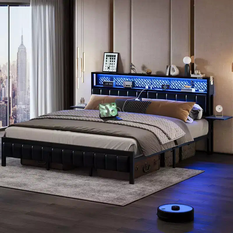Base de cama Bestier tamaño matrimonial/king/queen, cabecero tapizado, cama de plataforma LED con estantes triples plegables y estación de carga en el cabecero de almacenamiento