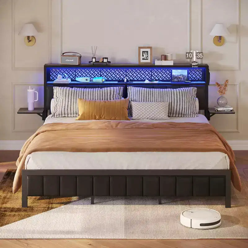 Bestier Full/King/Queen Size Bed Frame Upholstered Headboard Bed, LED Platform Bed with Foldable Trip Shelves & Storage Headboard Charge Station