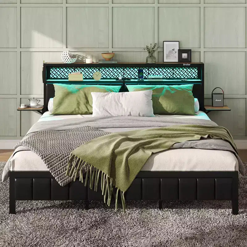 Base de cama Bestier tamaño matrimonial/king/queen, cabecero tapizado, cama de plataforma LED con estantes triples plegables y estación de carga en el cabecero de almacenamiento