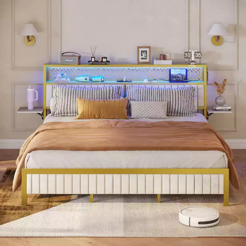 Base de cama Bestier tamaño matrimonial/king/queen, cabecero tapizado, cama de plataforma LED con estantes triples plegables y estación de carga en el cabecero de almacenamiento
