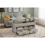 Mesa de centro elevable doble con amplio espacio de almacenamiento - Mesa multifuncional rústica estilo granja gris claro para sala de estar y oficina en casa
