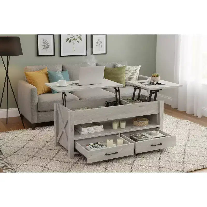 Mesa de centro elevable doble con amplio espacio de almacenamiento - Mesa multifuncional rústica estilo granja gris claro para sala de estar y oficina en casa