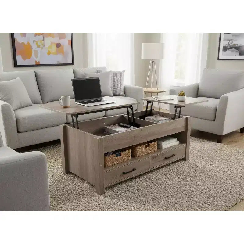Mesa de centro elevable doble con amplio espacio de almacenamiento - Mesa multifuncional rústica estilo granja gris claro para sala de estar y oficina en casa