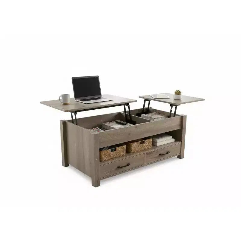 Mesa de centro elevable doble con amplio espacio de almacenamiento - Mesa multifuncional rústica estilo granja gris claro para sala de estar y oficina en casa