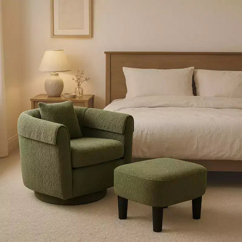 Sillón Moderno Giratorio con Otomana, Sillas de Barril de Chenilla con Cojín Trasero Extraíble y 2 Fundas para Reposabrazos, Sillón de Lectura