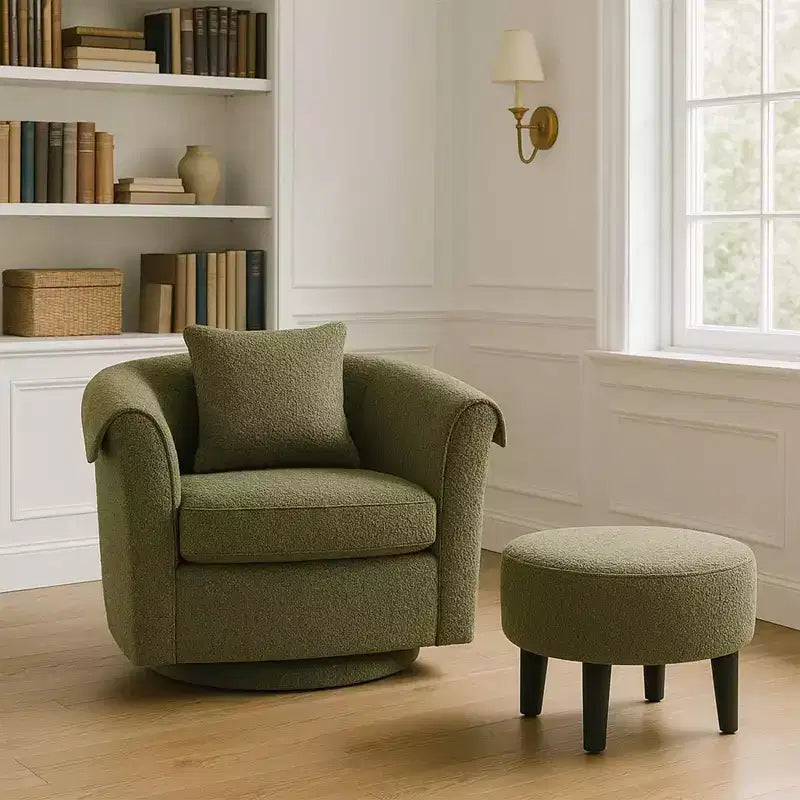 Sillón Moderno Giratorio con Otomana, Sillas de Barril de Chenilla con Cojín Trasero Extraíble y 2 Fundas para Reposabrazos, Sillón de Lectura