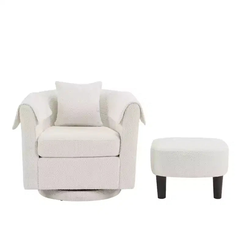 Sillón Moderno Giratorio con Otomana, Sillas de Barril de Chenilla con Cojín Trasero Extraíble y 2 Fundas para Reposabrazos, Sillón de Lectura