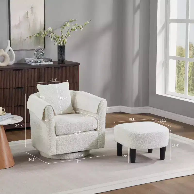 Sillón Moderno Giratorio con Otomana, Sillas de Barril de Chenilla con Cojín Trasero Extraíble y 2 Fundas para Reposabrazos, Sillón de Lectura