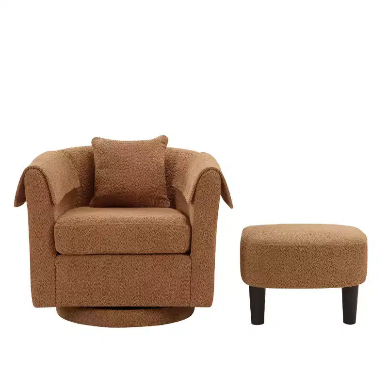 Sillón Moderno Giratorio con Otomana, Sillas de Barril de Chenilla con Cojín Trasero Extraíble y 2 Fundas para Reposabrazos, Sillón de Lectura