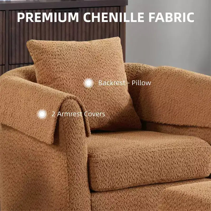 Sillón Moderno Giratorio con Otomana, Sillas de Barril de Chenilla con Cojín Trasero Extraíble y 2 Fundas para Reposabrazos, Sillón de Lectura