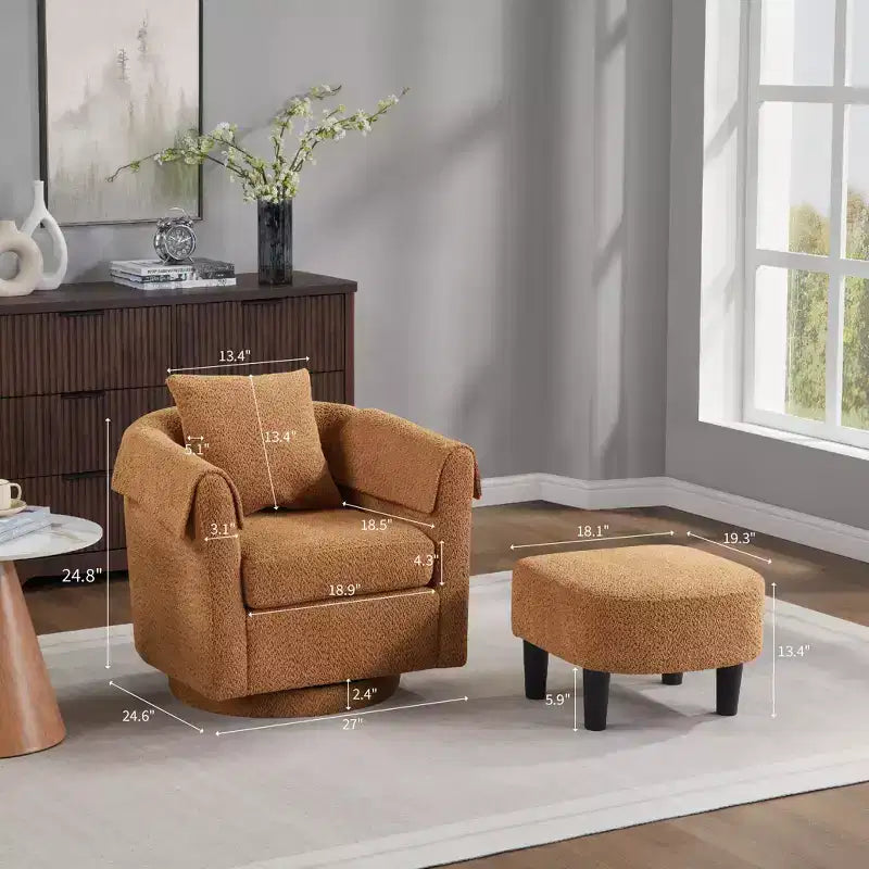 Sillón Moderno Giratorio con Otomana, Sillas de Barril de Chenilla con Cojín Trasero Extraíble y 2 Fundas para Reposabrazos, Sillón de Lectura