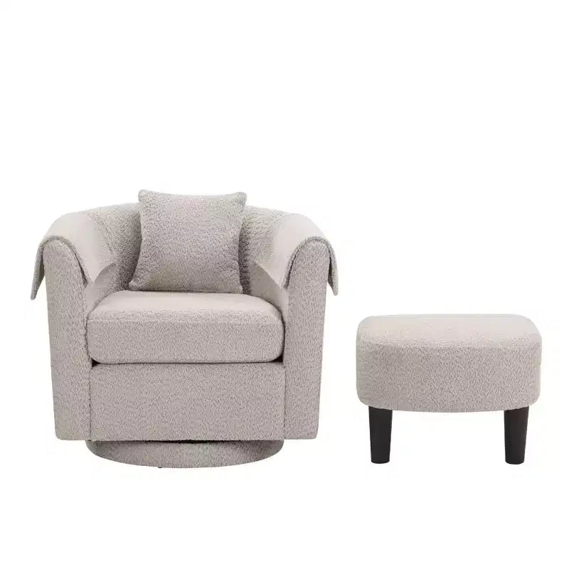 Sillón Moderno Giratorio con Otomana, Sillas de Barril de Chenilla con Cojín Trasero Extraíble y 2 Fundas para Reposabrazos, Sillón de Lectura