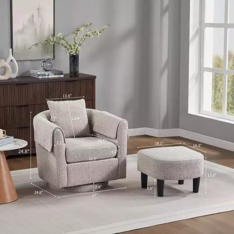 Sillón Moderno Giratorio con Otomana, Sillas de Barril de Chenilla con Cojín Trasero Extraíble y 2 Fundas para Reposabrazos, Sillón de Lectura