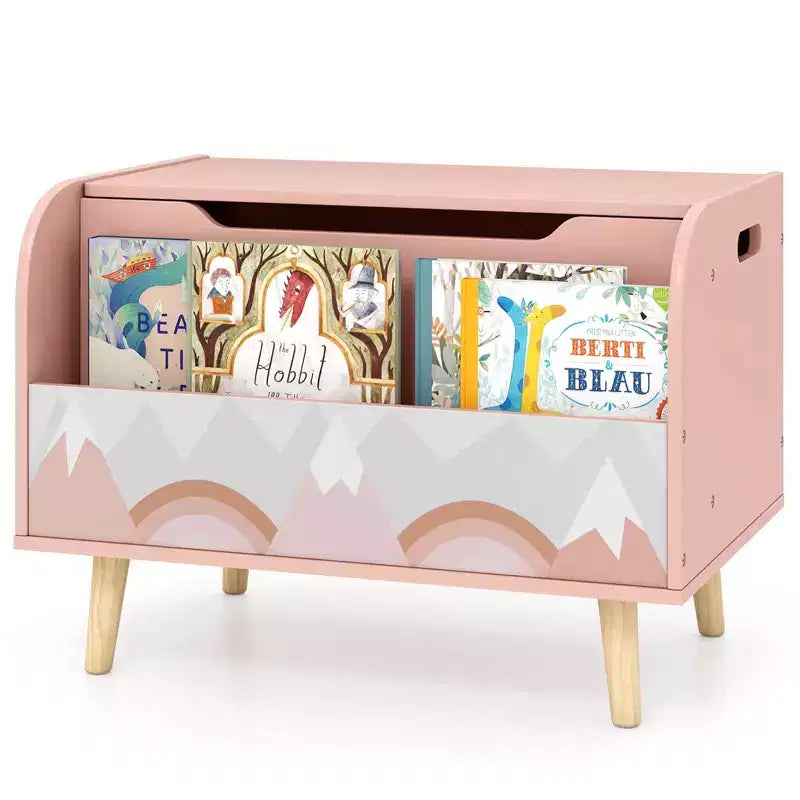 Baúl de juguetes de madera para niños con estantería frontal, 4 patas de madera maciza y tapa abatible para habitación infantil, blanco/rosa