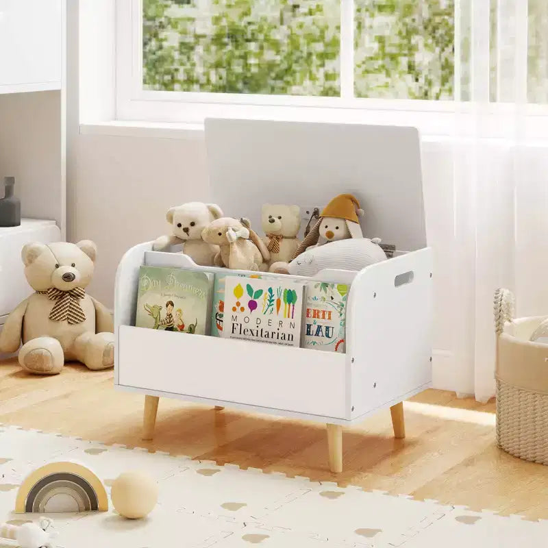 Baúl de juguetes de madera para niños con estantería frontal, 4 patas de madera maciza y tapa abatible para habitación infantil, blanco/rosa