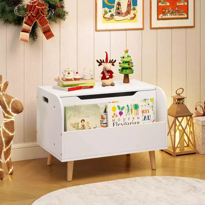 Baúl de juguetes de madera para niños con estantería frontal, 4 patas de madera maciza y tapa abatible para habitación infantil, blanco/rosa