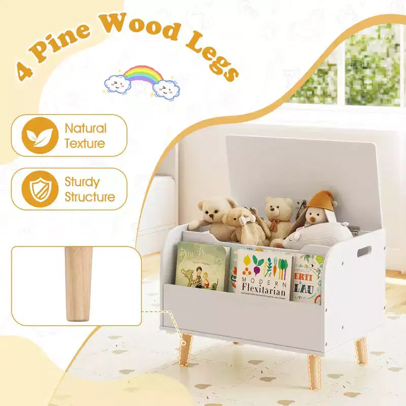Baúl de juguetes de madera para niños con estantería frontal, 4 patas de madera maciza y tapa abatible para habitación infantil, blanco/rosa