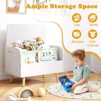 Baúl de juguetes de madera para niños con estantería frontal, 4 patas de madera maciza y tapa abatible para habitación infantil, blanco/rosa