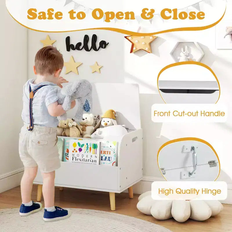 Baúl de juguetes de madera para niños con estantería frontal, 4 patas de madera maciza y tapa abatible para habitación infantil, blanco/rosa