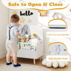 Baúl de juguetes de madera para niños con estantería frontal, 4 patas de madera maciza y tapa abatible para habitación infantil, blanco/rosa