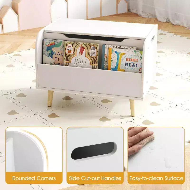 Baúl de juguetes de madera para niños con estantería frontal, 4 patas de madera maciza y tapa abatible para habitación infantil, blanco/rosa