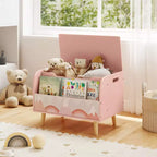 Baúl de juguetes de madera para niños con estantería frontal, 4 patas de madera maciza y tapa abatible para habitación infantil, blanco/rosa