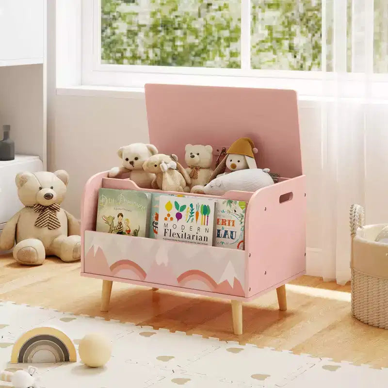 Baúl de juguetes de madera para niños con estantería frontal, 4 patas de madera maciza y tapa abatible para habitación infantil, blanco/rosa