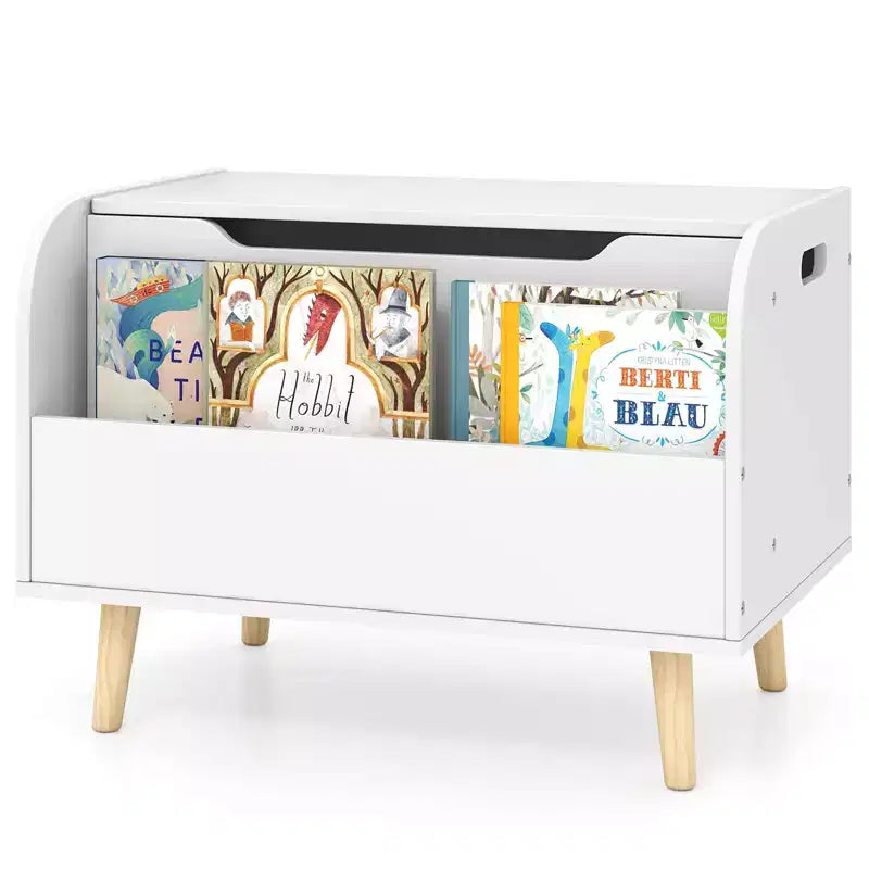 Baúl de juguetes de madera para niños con estantería frontal, 4 patas de madera maciza y tapa abatible para habitación infantil, blanco/rosa