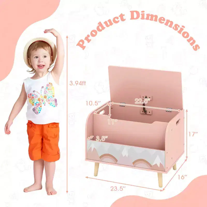 Baúl de juguetes de madera para niños con estantería frontal, 4 patas de madera maciza y tapa abatible para habitación infantil, blanco/rosa