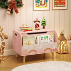 Baúl de juguetes de madera para niños con estantería frontal, 4 patas de madera maciza y tapa abatible para habitación infantil, blanco/rosa