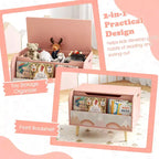 Baúl de juguetes de madera para niños con estantería frontal, 4 patas de madera maciza y tapa abatible para habitación infantil, blanco/rosa