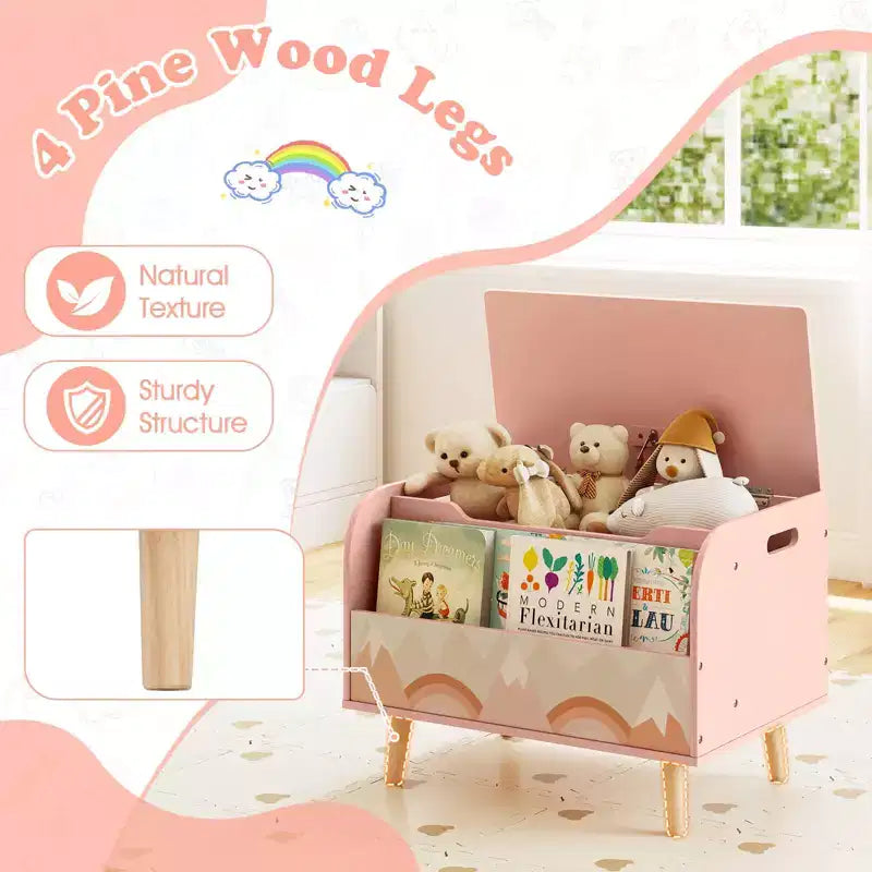 Baúl de juguetes de madera para niños con estantería frontal, 4 patas de madera maciza y tapa abatible para habitación infantil, blanco/rosa