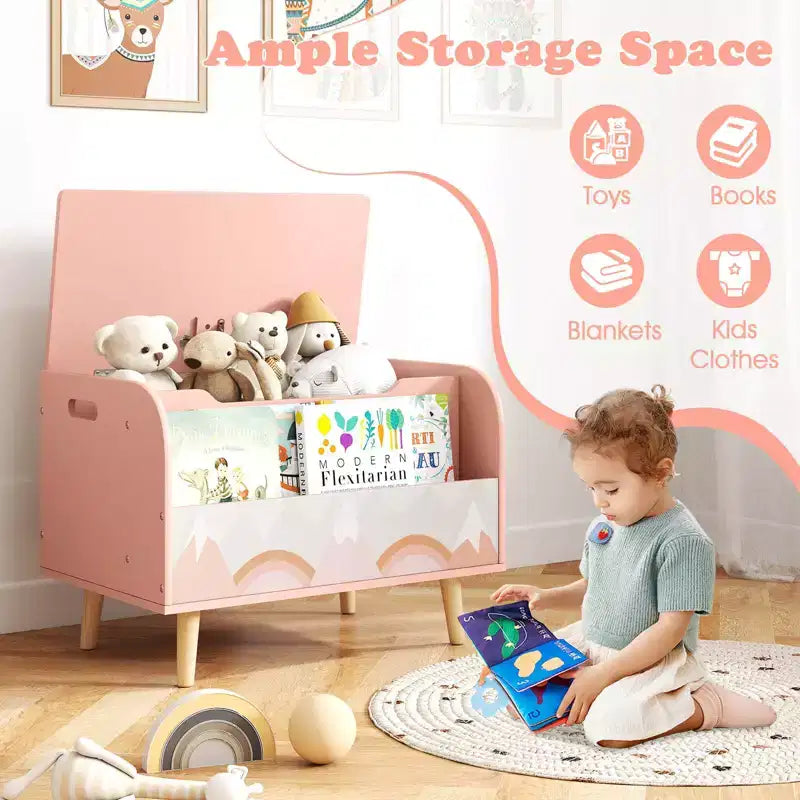 Baúl de juguetes de madera para niños con estantería frontal, 4 patas de madera maciza y tapa abatible para habitación infantil, blanco/rosa