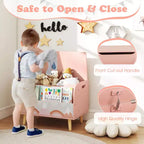 Baúl de juguetes de madera para niños con estantería frontal, 4 patas de madera maciza y tapa abatible para habitación infantil, blanco/rosa