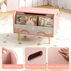 Baúl de juguetes de madera para niños con estantería frontal, 4 patas de madera maciza y tapa abatible para habitación infantil, blanco/rosa