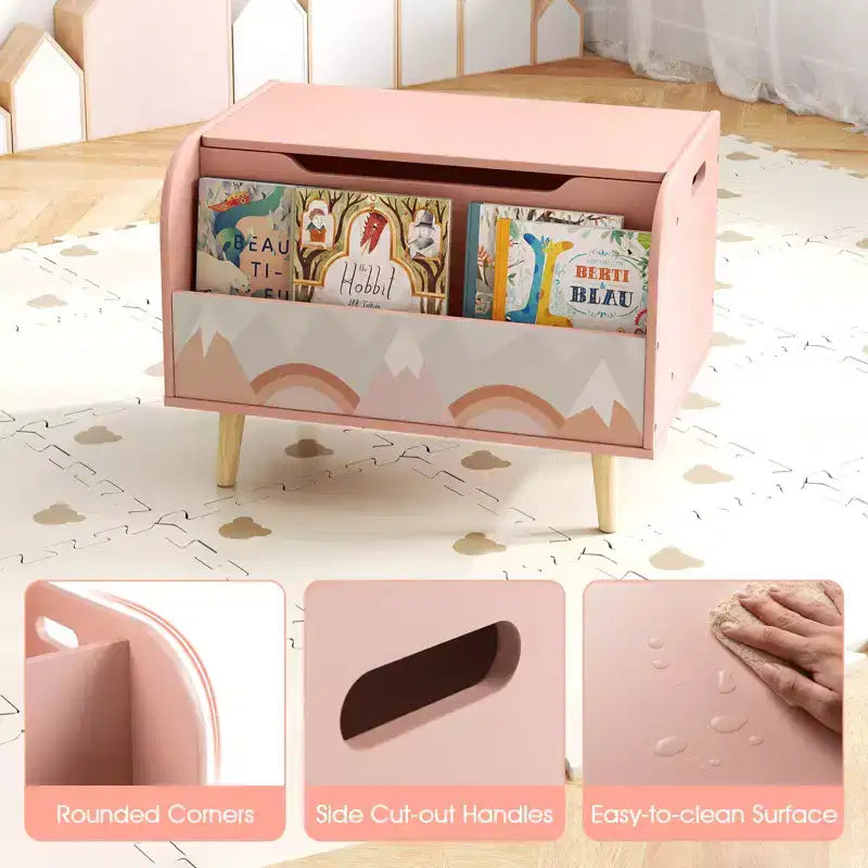 Baúl de juguetes de madera para niños con estantería frontal, 4 patas de madera maciza y tapa abatible para habitación infantil, blanco/rosa