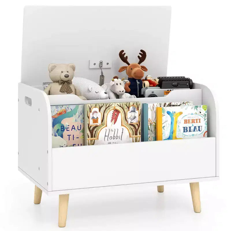 Baúl de juguetes de madera para niños con estantería frontal, 4 patas de madera maciza y tapa abatible para habitación infantil, blanco/rosa