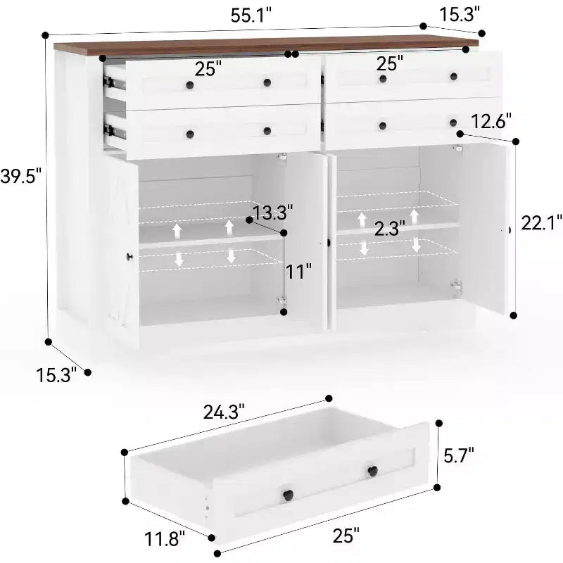 Aparador buffet moderno con almacenamiento, aparador rústico con 4 puertas y 4 cajones, aparador buffet grande de madera para comedor, cocina, blanco