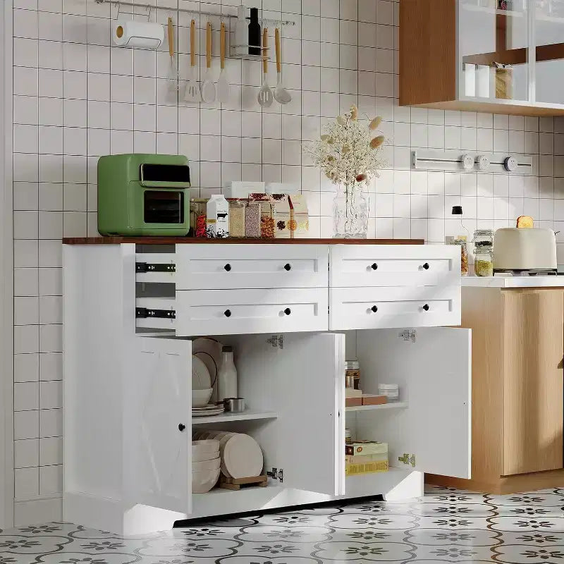 Aparador buffet moderno con almacenamiento, aparador rústico con 4 puertas y 4 cajones, aparador buffet grande de madera para comedor, cocina, blanco