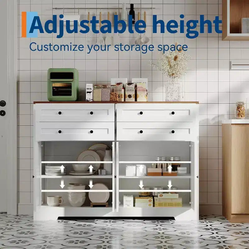 Aparador buffet moderno con almacenamiento, aparador rústico con 4 puertas y 4 cajones, aparador buffet grande de madera para comedor, cocina, blanco