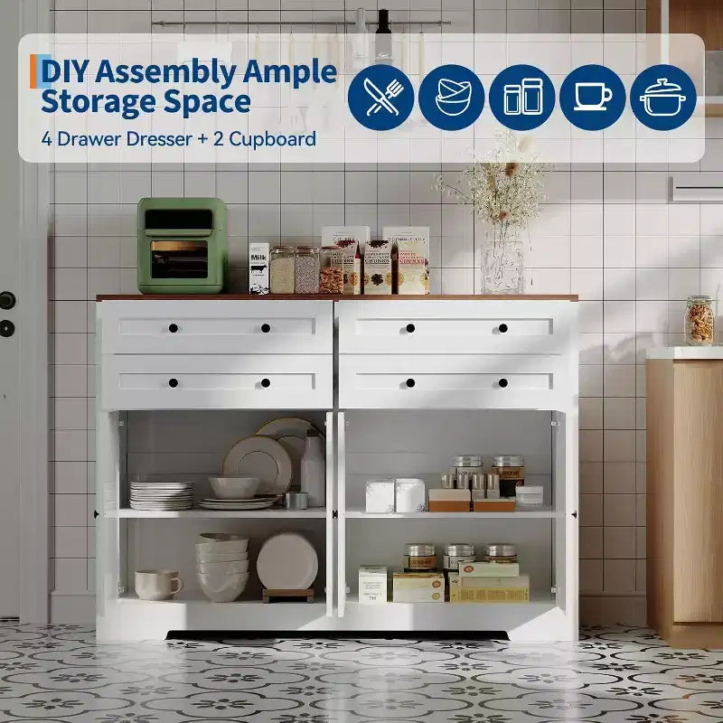 Aparador buffet moderno con almacenamiento, aparador rústico con 4 puertas y 4 cajones, aparador buffet grande de madera para comedor, cocina, blanco