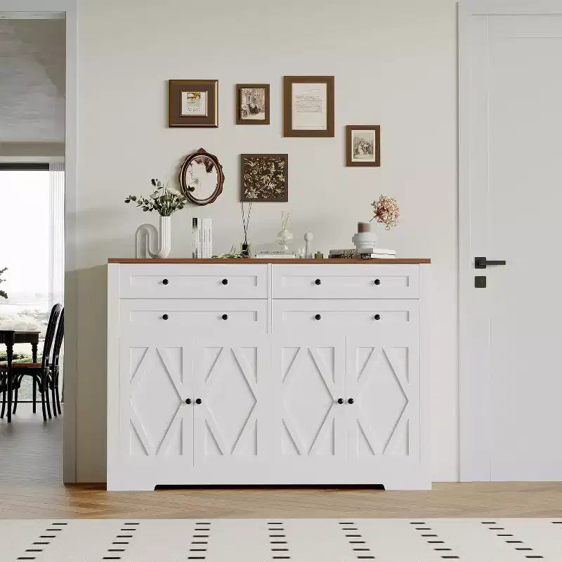 Aparador buffet moderno con almacenamiento, aparador rústico con 4 puertas y 4 cajones, aparador buffet grande de madera para comedor, cocina, blanco