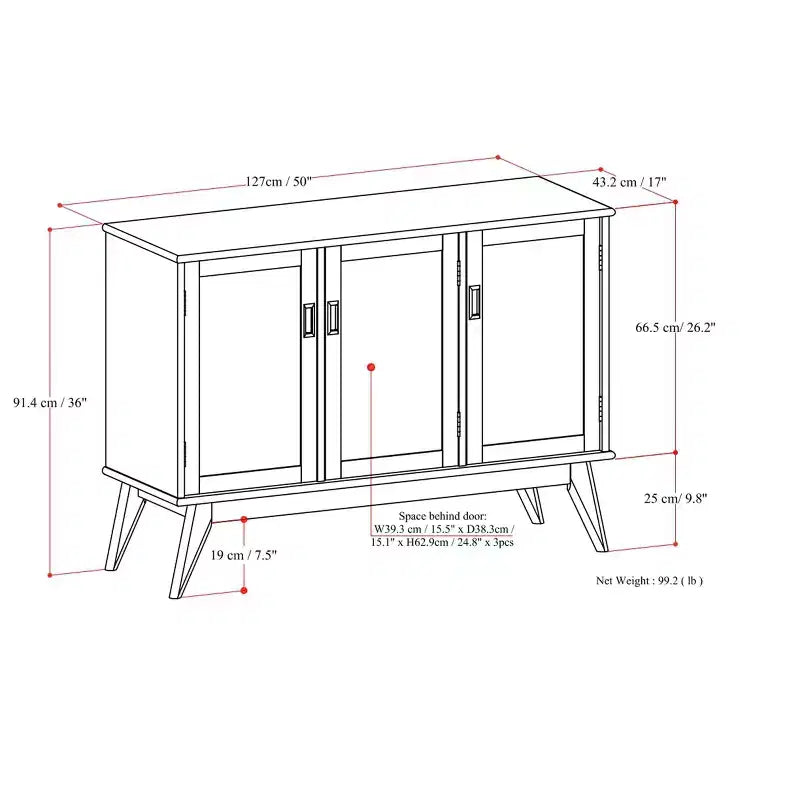Aparador bufé rectangular moderno de mediados de siglo de 3 puertas Tierney de madera maciza de 50 pulgadas de ancho