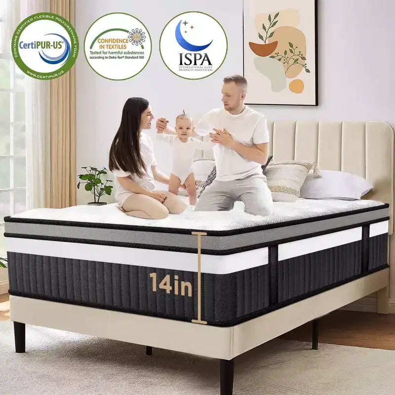 14 Queen Hybrid Mattress in a Box with Gel Memory Foam, Medium Feel, Pressure Relief, Skin Friendly, Motion Isolation, CertiPUR-US Certified