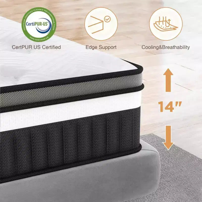 Colchón híbrido Queen de 14 pulgadas en caja con espuma viscoelástica de gel, sensación media, alivio de presión, agradable para la piel, aislamiento de movimiento, certificado CertiPUR-US